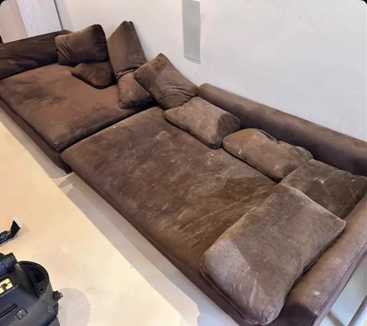 Before cleaning: brown velvet sectional